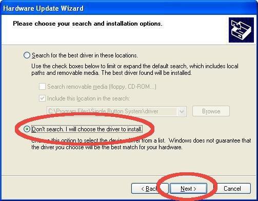 Update hardware wizard 'choose 
    your search and installation options.'
