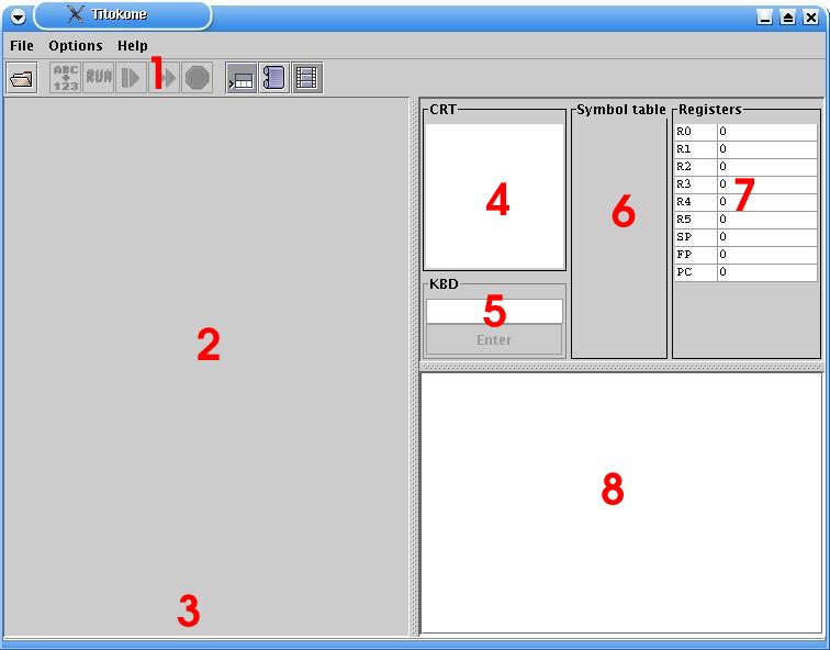 The opening view of the program, with different parts numbered