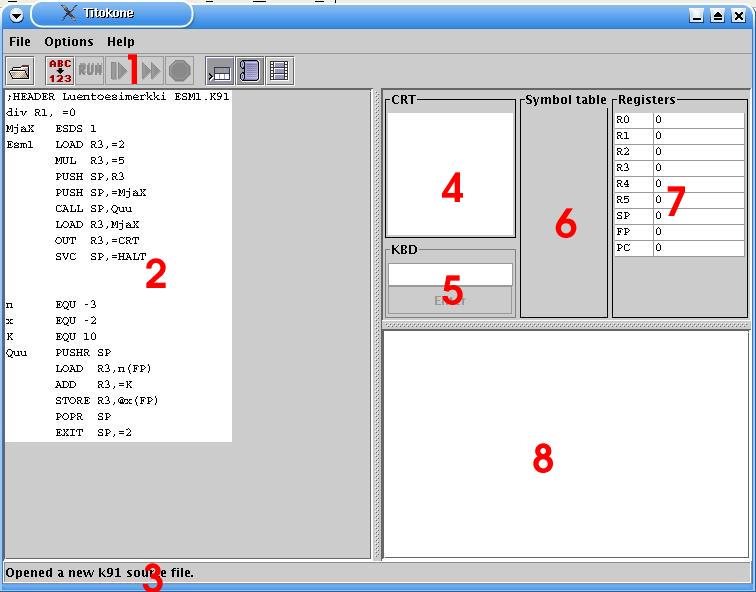 The source code view of the program, with different parts numbered