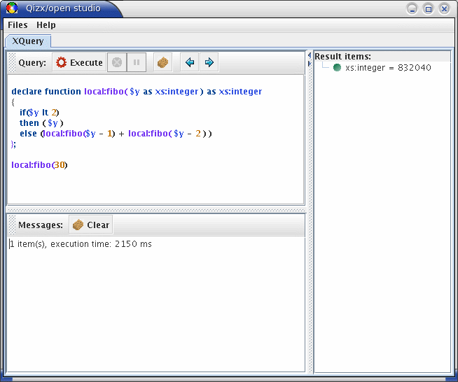 A screenshot of Qizx/studio (Java 5 / Linux look-and-feel)