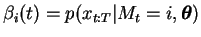 $ \beta_i(t) = p(x_{t:T} \vert
M_t = i, \boldsymbol{\theta})$