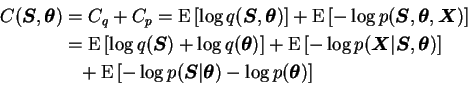 \begin{displaymath}\begin{split}C(\boldsymbol{S}, \boldsymbol{\theta}) &= C_q + ...
...mbol{\theta}) - \log p(\boldsymbol{\theta}) \right] \end{split}\end{displaymath}